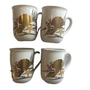 Otagiri set of 4 coffee cups. Vintage. Sea shell starfish gold rim nautical